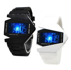สีดำและสีขาวรูปเครื่องบินมัลติฟังก์ชั่นาฬิกาดิจิตอลกันน้ำ LED Watch