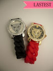 เสือดาวคริสตัลซิลิโคนสายรัดข้อมือนาฬิกาสีแดง / สีดำปลอดสนิม